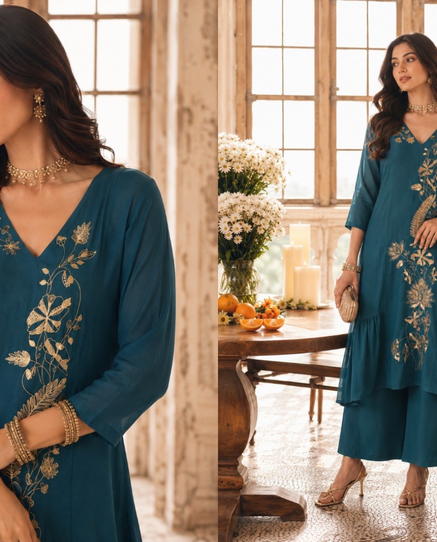 7111 - Chanderi Readymade Salwar Kameez in Teal